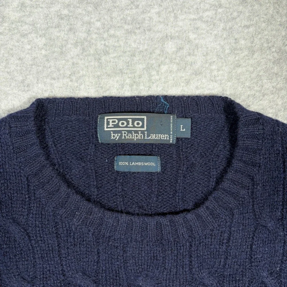 Vintage Polo Ralph Lauren Sweater Mens Large Navy Blue Cable Knit Lambswool 90s